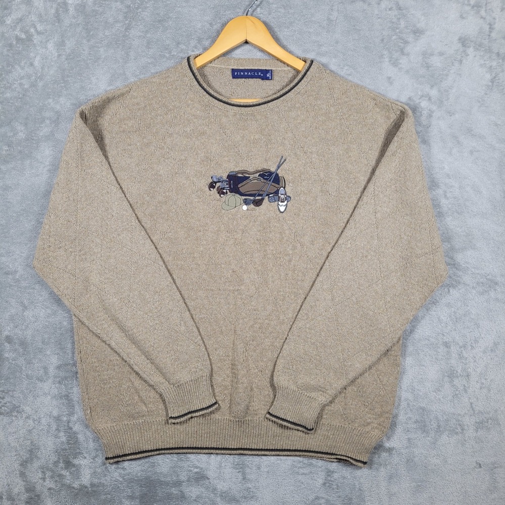 Pinnacle Sweater Mens XL Tan Golf Bag Embroidery Crewneck Cotton Blend USA Made